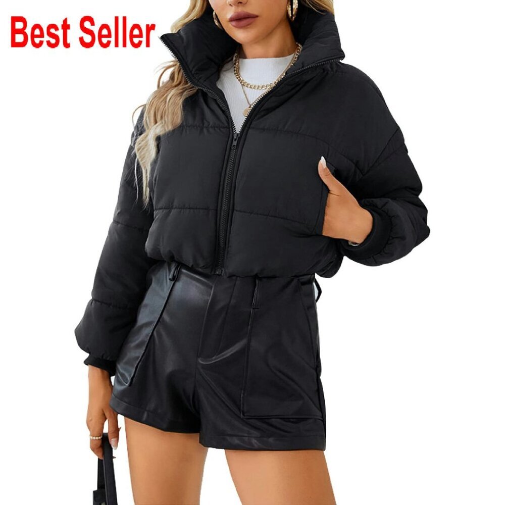 Cropped Puffer Jacket Quilted Lightweight Y2K Chic Winter Outerwear Zip Up
